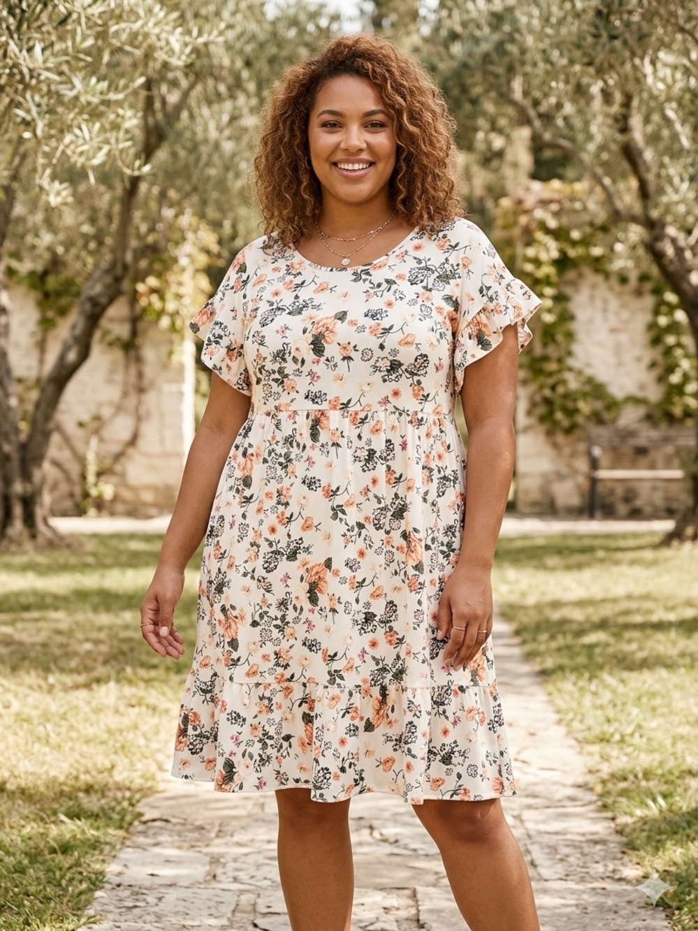 Floral Tiered Short Sleeve Dress XL in Cream and Yellow